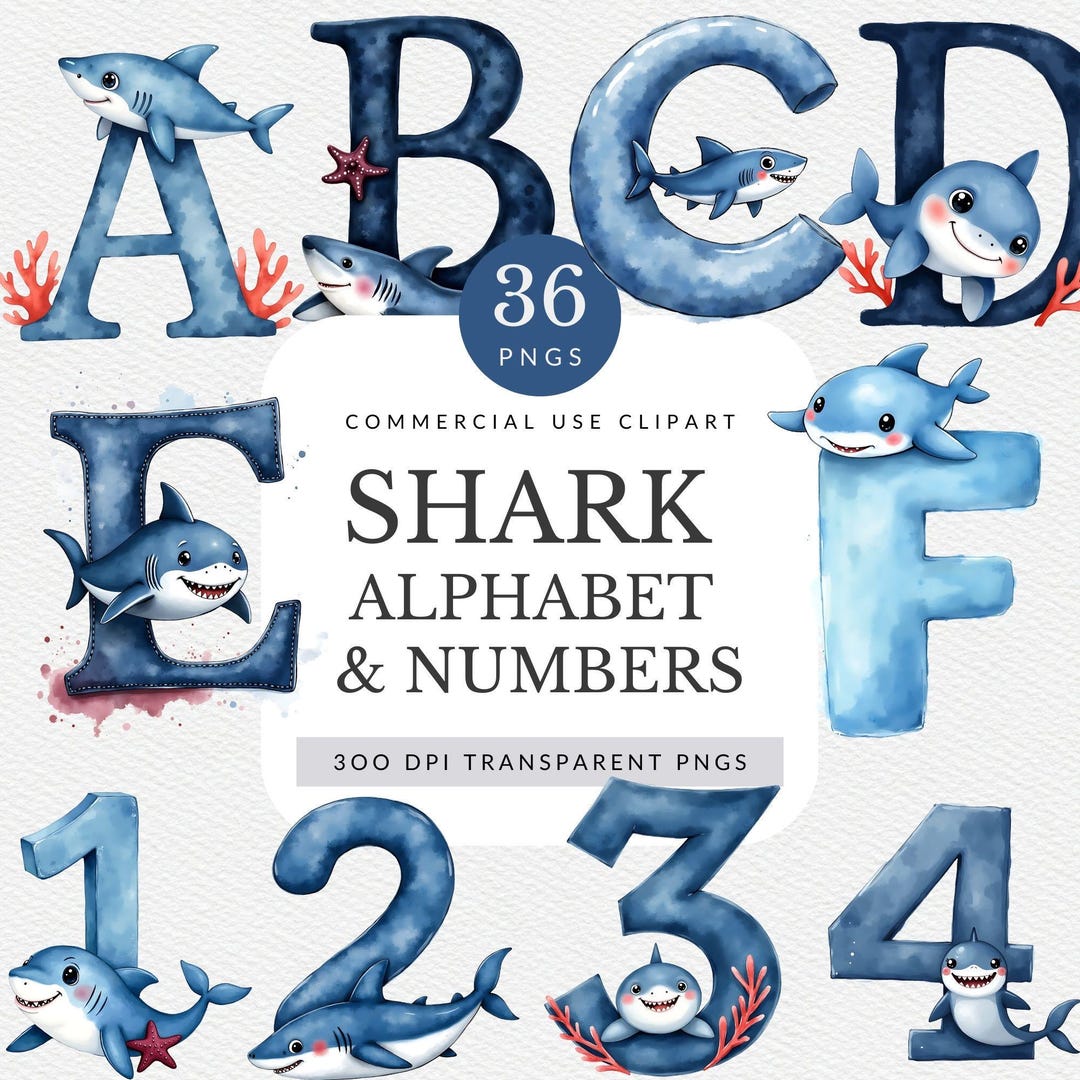 Shark In Letters Shark Alphabet Clipart Pack for Commercial Use, Kids Birthday Decor ...