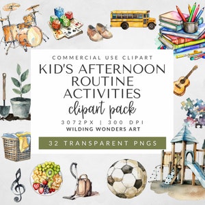 Pack de cliparts routine enfants après-midi pour usage commercial, tableau des routines enfants, tableau des tâches ménagères pour enfants, imprimable, planificateur d'autocollants, aquarelle