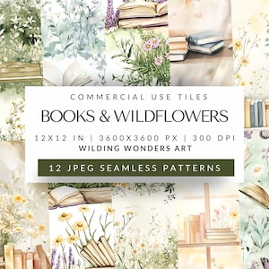 Livres et fleurs sauvages sans soudure d'arrière-plans, images de livres floraux répétables en mosaïque, esthétique de librairie vintage, téléchargement numérique