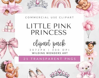 Pink Baby Dress Clipart Pack for Commercial Use, Black Girl Princess, Black Baby Shower Clipart, Baby Pink Dress, Pink Tutu Baby