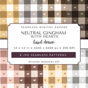 Paquete de patrones sin costuras de cuadros vichy neutros con corazones dibujados a mano para uso comercial, papel digital bohemio otoñal, diseño de cuadros para álbumes de recortes (descarga digital)