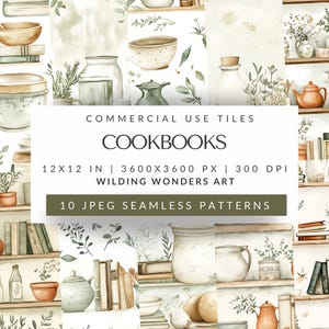Cookbook Seamless Pattern Backgrounds, Kitchen Clipart, Recipe Book Art, Bookshelf Food Illustration, Repeating Background, DIGITAL DOWNLOAD