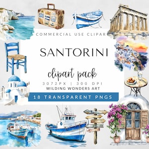 Santorini Dreams Clipart Pack für kommerzielle Nutzung, Santorini Clipart Aquarell Clipart Griechenland Aquarell Reise Clipart, DIGITAL DOWNLOAD