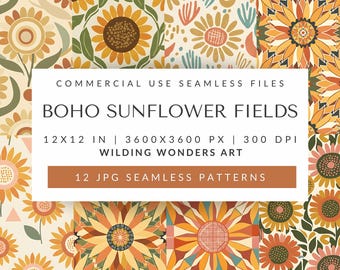 Paquete de patrones sin costuras de campos de girasoles bohemios para uso comercial, papel digital floral de acuarela, imágenes de álbumes de recortes de otoño (descarga digital)
