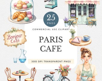 Paris Cafe Clipart Pack for Commercial Use, Watercolor Coffee Shop Graphics, French Pastry & Bistro Illustrations (Digital Download)