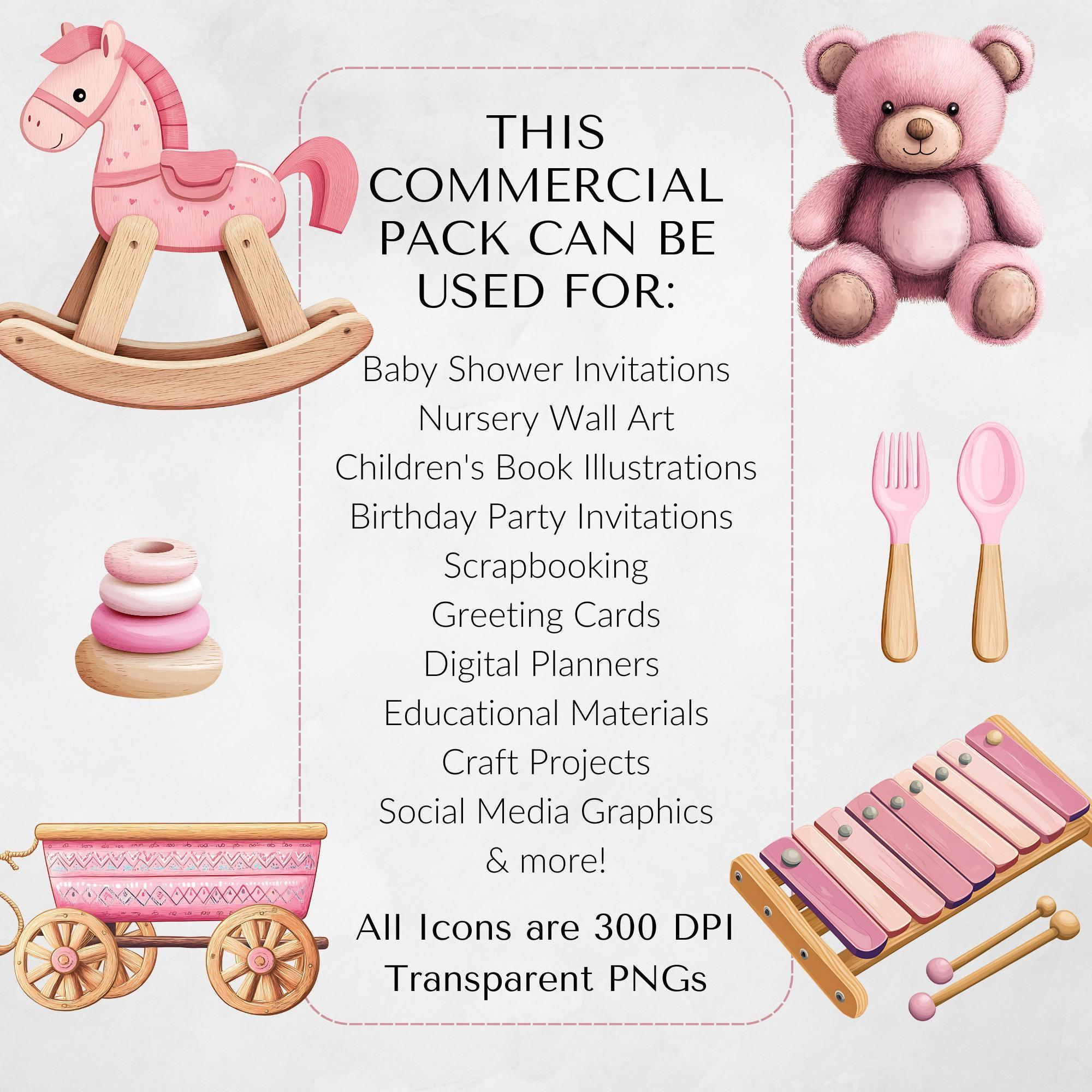 Pink Wooden Baby Toys Clipart Pack for Commercial Use, Baby Shower ...