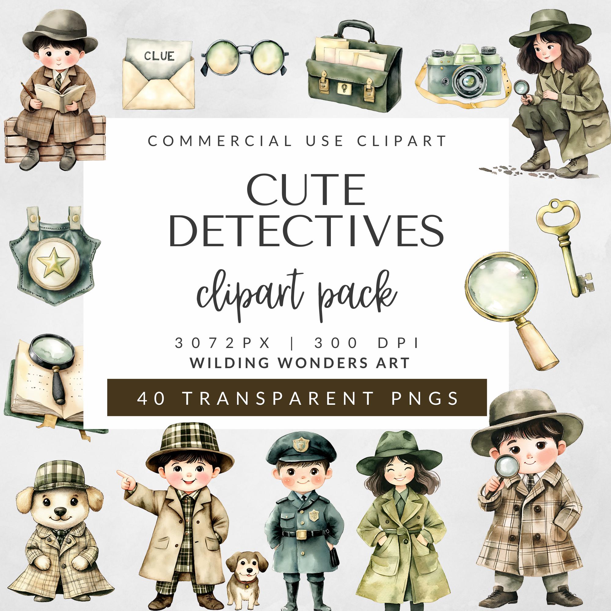 Watercolor Detective Clipart Pack for Commercial Use, Secret Agent, Cute Spy Png, Mystery, Private Investigator, Police, DIGITAL DOWNLOAD