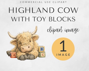 Highland Cow with Toy Blocks Clipart for Commerical Use, Baby Cow PNG, Farmhouse Nursery Wall Art (Digital Download)