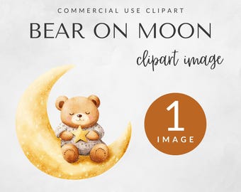 Pacote de imagens de urso na lua para uso comercial, imagens de ursinho de pelúcia, imagens para chá de bebê, urso em aquarela, imagens de ursinho fofo, DOWNLOAD DIGITAL