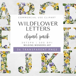 Pacote de clipart de letras de flores silvestres para uso comercial, clipart de monograma de aquarela de alfabeto, flores de casamento, letra PNG, DOWNLOAD DIGITAL