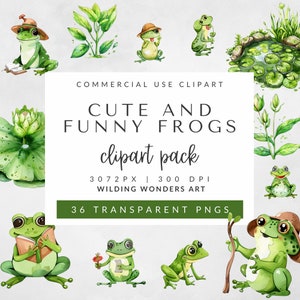 Watercolor Funny and Cute Frog Clipart for Commercial Use: Frogs Reading Books, Cute Frog Illustrations, Silly Frog PNGs, Transparent PNGs