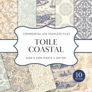 Paquete de patrones sin costuras Coastal Toile de Jouy para uso comercial, diseño náutico, motivos marinos (descarga digital).