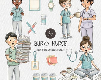 Skurriles Krankenschwester-Clipart-Paket für kommerzielle Nutzung, lustige medizinische PNG, Nursing School-Grafiken, (digitaler Download)