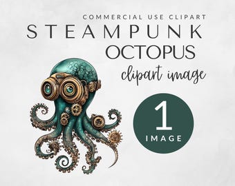 スチームパンク風タコのクリップアートパック（商用利用可）、水彩スチームパンク、海の動物のクリップアート、昇華デザイン、ファンタジークリップアートPNG