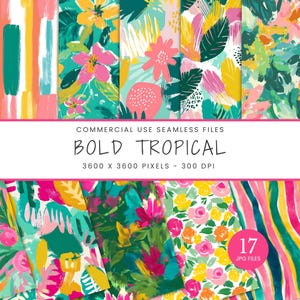 May include: A collection of 17 seamless digital papers with a bold tropical theme. The designs feature vibrant floral and abstract patterns in shades of pink, yellow, green, and teal. The image includes the text "BOLD TROPICAL" and "3600 x 3600 pixels - 300 DPI".