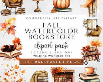 Fall Bookstore Watercolor Clipart, Cozy Autumn Bookshop PNG, Vintage Library Graphics for Reading Journals, Commercial Use Book Lover Art