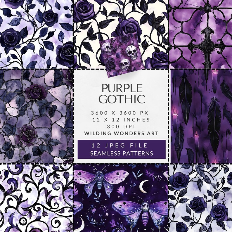 Purple Gothic Seamless Pattern Backgrounds, Skull Roses, Gothic Garden ...