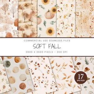 May include: A collection of 17 JPG files featuring seamless patterns with a soft fall theme. The designs include watercolor illustrations of trees, pumpkins, sunflowers, and leaves in warm, earthy tones. The image text reads "SOFT FALL" and "3600 X 3600 PIXELS - 300 DPI".