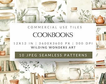Cookbook Seamless Pattern Backgrounds, Kitchen Clipart, Recipe Book Art, Bookshelf Food Illustration, Repeating Background, DIGITAL DOWNLOAD