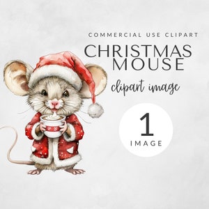 Watercolor Santa Christmas Mouse Clipart for Commercial Use, Cute Mouse Illustration, Transparent PNG, Festive Holiday Decor, Christmas