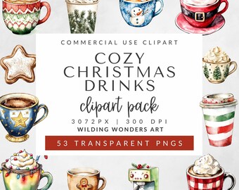 Christmas Coffee Cup Clipart for Commercial Use, Cozy Christmas Drinks, Hot Chocolate PNG, Holiday Clipart, Sublimation Design, Winter Mug