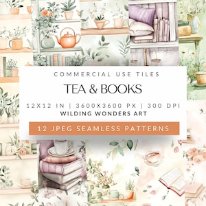 Tea & Books Seamless Pattern Backgrounds, Book Lover, Watercolor Digital Paper, Cozy Reading, Cottagecore, Tileable Design, DIGITAL DOWNLOAD