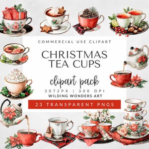 Christmas Tea Cups Clipart Pack for Commercial Use, Watercolor Mug PNGs, Cozy Holiday Designs, Tea Party Art, DIGITAL DOWNLOAD