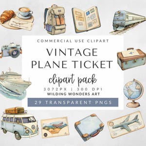 Vintage Flugzeug Ticket Clipart-Pack für kommerzielle Nutzung, Reise Clip Art, Aquarell Urlaub, Urlaub Abenteuer Clipart, Camper Van Png