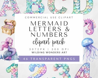 Meerjungfrau Alphabet & Zahlen Clipart für kommerzielle Nutzung, Aquarell Buchstaben, Unter dem Meer Clipart, Mädchen Geburtstagseinladungen, Kinderzimmer