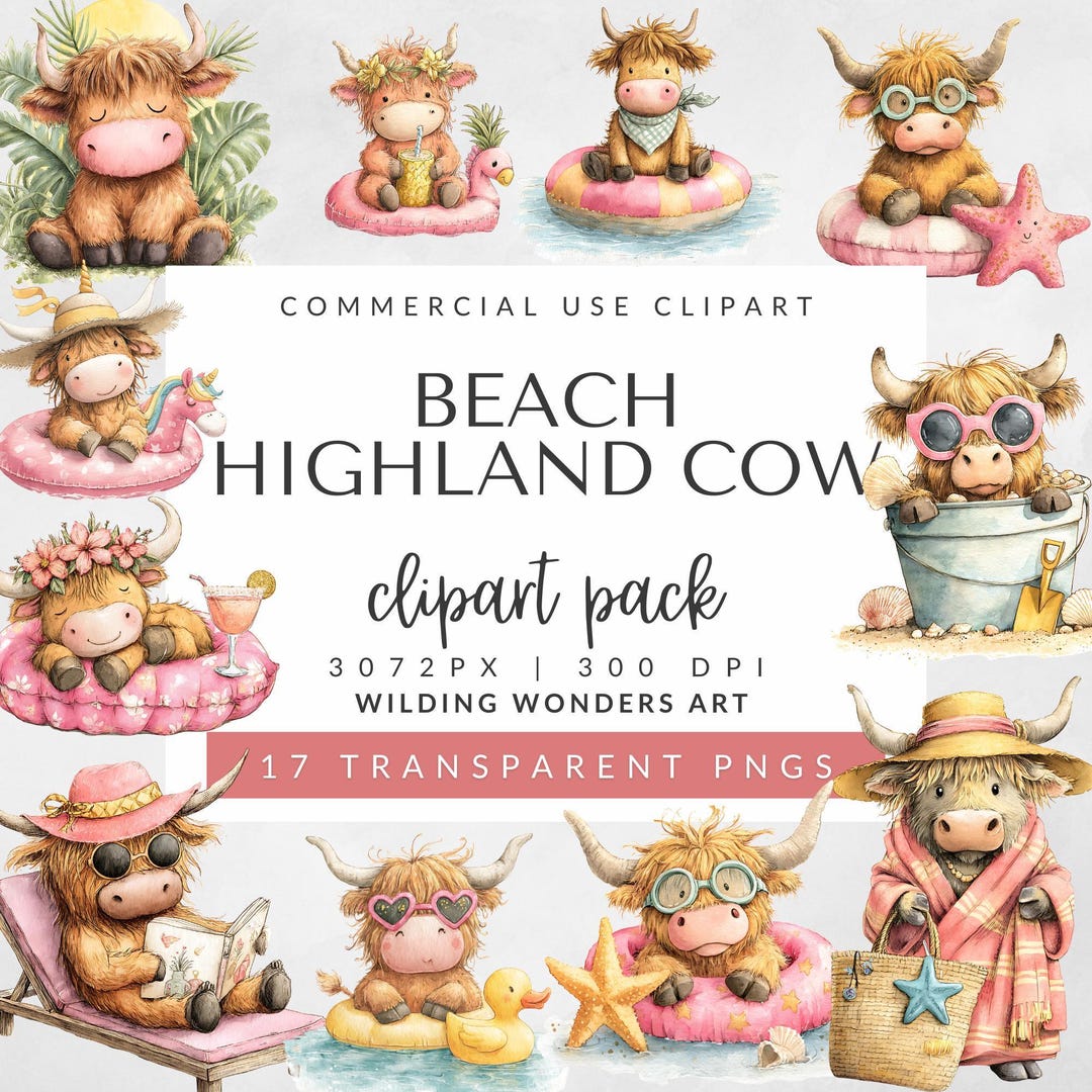 Beach Highland Cow Clipart Pack for Commercial Use, Floatie Highland ...