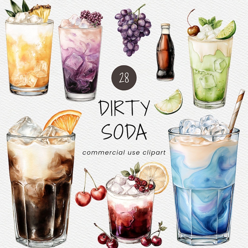 A watercolor-style dirty soda clipart pack featuring 28 unique drink and fruit illustrations. Includes a variety of colorful soda combinations with ice, cream, citrus, berries, and garnishes. Files are high-resolution 300 DPI PNGs with transparent backgrounds for easy layering and design use. Suitable for menus, party decor, invitations, digital products, and creative projects.