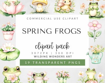 Spring Frogs Clipart Pack for Commercial Use, Watercolor Frog, Cute Frogs Clipart, Floral Frogs, Pond Clipart, Frog with Flowers