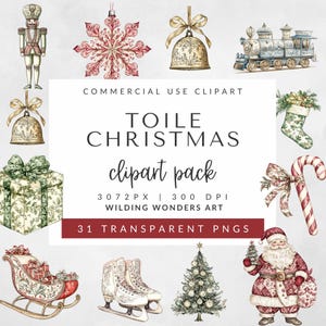 Clipart Toile Christmas do użytku komercyjnego – wzory kwiatowe w stylu vintage, czerwone wzory Toile na święta, PNG z motywem bożonarodzeniowym, akwarelowy Mikołaj, kokarda Toile