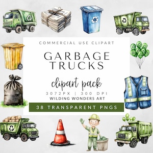 Pacote de clipart de caminhão de lixo para uso comercial, caminhão de lixo fofo de aniversário, caminhão de reciclagem PNG, arte de caminhão de lixo, designs ecológicos