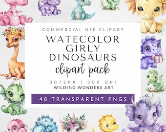 Paquete de imágenes prediseñadas de dinosaurios femeninos en acuarela para uso comercial, arte de dinosaurios adorable, cumpleaños de dinosaurios, decoración de habitaciones infantiles y guarderías.