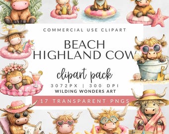 Beach Highland Cow Clipart Pack for Commercial Use, Floatie Highland Cow, Summer Sublimation Design, Cute Vacation Graphic, DIGITAL DOWNLOAD