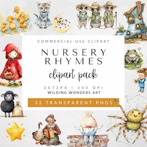 Aquarel kinderrijmpjes clipartpakket commercieel gebruik, verhalenboekillustraties voor kinderen, kinderen clipart, sprookjeskunst, decor kinderkamer, png