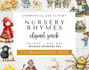Watercolor Nursery Rhymes Clipart Pack Commercial Use, Children’s Storybook Illustrations, Kids Clipart, Fairytale Art, Nursery Decor, PNG