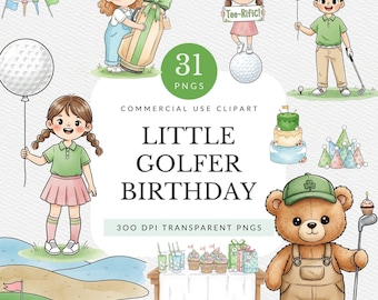 Golf Birthday Clipart Pack for Commercial Use, Watercolor Golf Party Elements, Kids Golf PNGs (Digital Download)