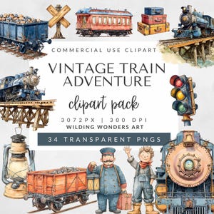 Pakiet clipartów „Stary pociąg – przygoda” do użytku komercyjnego, dekoracja na baby shower, grafika podróżnicza dla dzieci, zestaw PNG z parowozami, POBIERANIE CYFROWE