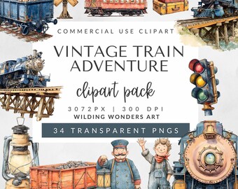 Vintage Train Adventure Clipart Pack for Commercial Use, Baby Shower Decor, Kids Travel Graphics, Steam Train PNG Set, DIGITAL DOWNLOAD