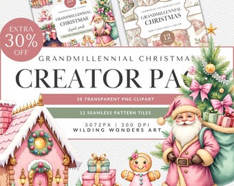 Grandmillennial Christmas Clipart Pack for Commercial Use, Coquette Holiday, Vintage Seamless Patterns (Digital Download)