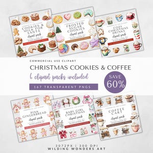 Paquete de imágenes prediseñadas de galletas y café navideños para uso comercial, 167 imágenes PNG, postres festivos, bebidas navideñas, paquete de imágenes prediseñadas de invierno