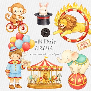 May include: Watercolor illustration of a vintage circus theme. Includes a monkey on a bicycle, a rabbit in a top hat, a lion jumping through a ring of fire, a clown with balloons, a carousel, and an elephant on a ball. Text reads "Vintage Circus".