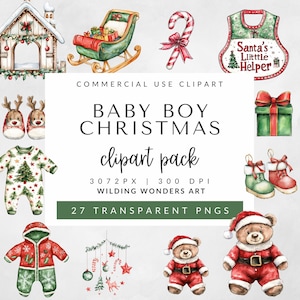 Clipart kerstkleding babyjongen voor commercieel gebruik: aquarel feestelijke clipart, vakantiebaby, feestelijk kinderdagverblijf, kerstkleding