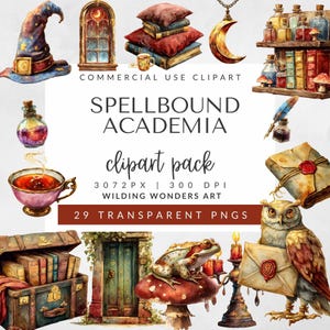 Spellbound Academia clipart bundle for commercial use featuring watercolor wizard hats, potion shelves, enchanted doors, books, owl, and fantasy elements in a dark academia aesthetic.