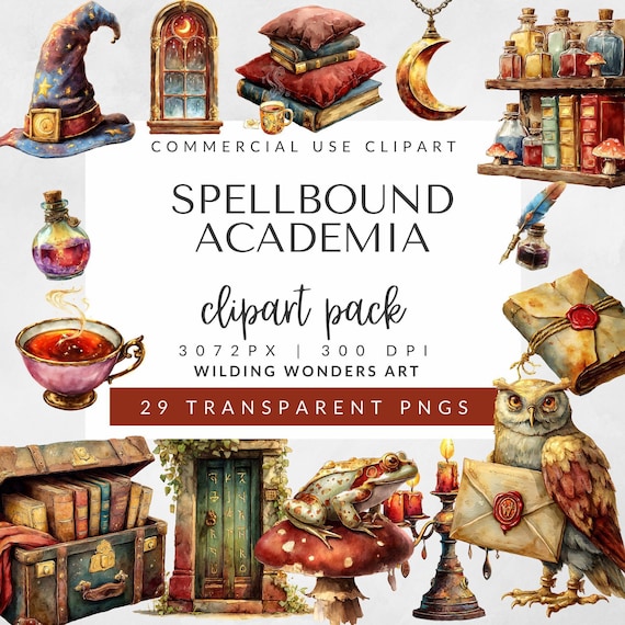 Spellbound Academia Clipart for Commercial Use, Dark Academia PNG, Magic School, Bookworm Clipart Bundle, Fantasy Book, DIGITAL DOWNLOAD