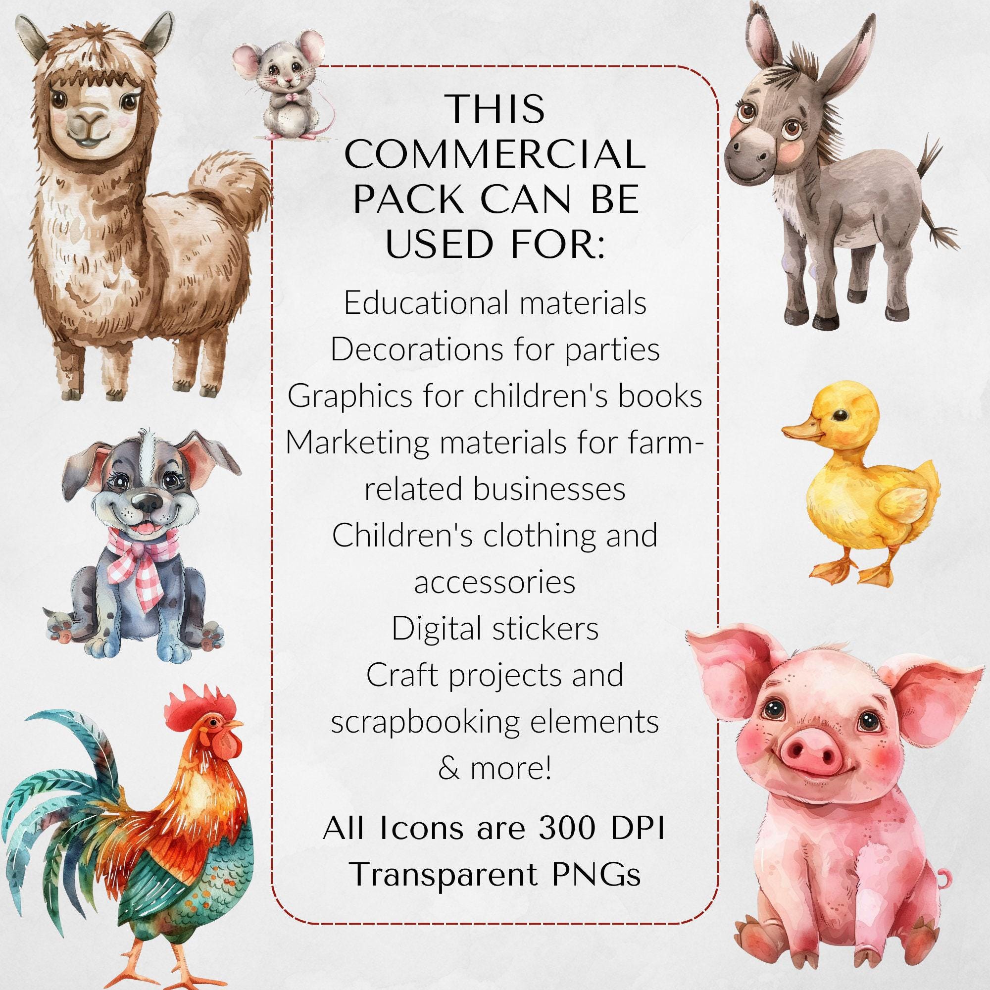 Watercolor Farm Animals Clipart Pack Commercial Use, Cute Nursery Decor ...