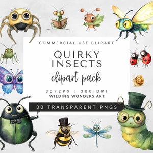 Clipart aquarelle insectes originaux pour usage commercial, graphiques d'insectes fantaisistes, image de libellule, chenille PNG, fourmis Png, coccinelle Png