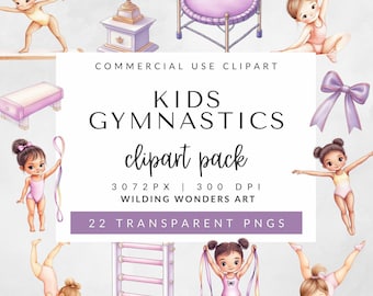 Watercolor Gymnastics Clipart for Commercial Use, Kids Gymnastics Png, Gymnastic Girly Clipart, Purple Birthday Girl, Fitness Sport Clipart